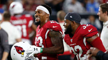 GLENDALE, ARIZONA - AUGUST 08: Robert Alford #23 of the Arizona Cardinals laughs with teammate Budda Baker #32 prior to the start of the NFL pre-season game against the Los Angeles Chargers at State Farm Stadium on August 08, 2019 in Glendale, Arizona. (Photo by Ralph Freso/Getty Images)