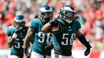TAMPA, FL - SEPTEMBER 16: Jordan Hicks #58 of the Philadelphia Eagles reacts after recovering a fumble against the Tampa Bay Buccaneers during the second half at Raymond James Stadium on September 16, 2018 in Tampa, Florida. (Photo by Michael Reaves/Getty Images)