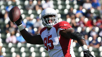 CARSON, CA - NOVEMBER 25: Defensive tackle Rodney Gunter #95 of the Arizona Cardinals celebrates his sack in the first quarter against the Los Angeles Chargers at StubHub Center on November 25, 2018 in Carson, California. (Photo by Harry How/Getty Images)