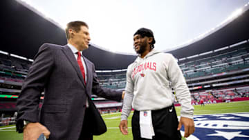 MEXICO CITY, MEXICO - NOVEMBER 21: Broadcaster Steve Young with Kyler Murray #1 of the Arizona Cardinals before the game between the Cardinals and the San Francisco 49ers at Estadio Azteca on November 21, 2022 in Mexico City, Mexico. (Photo by Michael Zagaris/San Francisco 49ers/Getty Images)