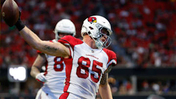 ATLANTA, GA - JANUARY 01: Trey McBride #85 of the Arizona Cardinals reacts after a touchdown during the first half against the Atlanta Falcons at Mercedes-Benz Stadium on January 1, 2023 in Atlanta, Georgia. (Photo by Todd Kirkland/Getty Images)