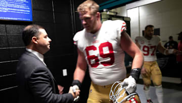 PHILADELPHIA, PA - JANUARY 29: CEO Jed York and Mike McGlinchey #69 of the San Francisco 49ers in the locker room after the NFC Championship playoff game against the Philadelphia Eagles at Lincoln Financial Field on January 29, 2023 in Philadelphia, Pennsylvania. The Eagles defeated the 49ers 31-7. (Photo by Michael Zagaris/San Francisco 49ers/Getty Images)