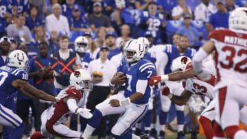 INDIANAPOLIS, IN - SEPTEMBER 17: Jacoby Brissett #7 of the Indianapolis Colts runs with the ball in the first quarter of a game against the Arizona Cardinals at Lucas Oil Stadium on September 17, 2017 in Indianapolis, Indiana. (Photo by Joe Robbins/Getty Images)