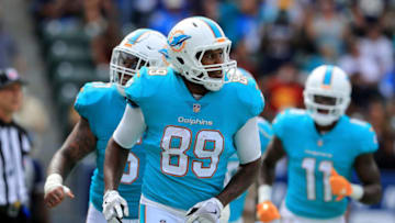 CARSON, CA - SEPTEMBER 17: Julius Thomas #89 of the Miami Dolphins runs off the field during the second half of a game against the Los Angeles Chargers at StubHub Center on September 17, 2017 in Carson, California. (Photo by Sean M. Haffey/Getty Images)