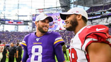 MINNEAPOLIS, MN - AUGUST 24: Kirk Cousins #8 of the Minnesota Vikings greets Jordan Hicks #58 of the Arizona Cardinals after the preseason game at U.S. Bank Stadium on August 24, 2019 in Minneapolis, Minnesota. The Vikings defeated the Cardinals 20-9. (Photo by Stephen Maturen/Getty Images)