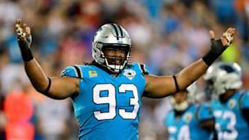 CHARLOTTE, NORTH CAROLINA - SEPTEMBER 12: Gerald McCoy #93 of the Carolina Panthers pumps up the crowd in the second quarter during their game against the Tampa Bay Buccaneers at Bank of America Stadium on September 12, 2019 in Charlotte, North Carolina. (Photo by Jacob Kupferman/Getty Images)