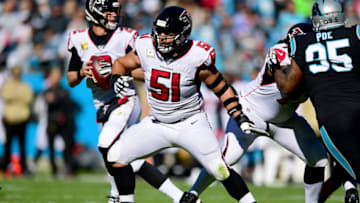 CHARLOTTE, NORTH CAROLINA - NOVEMBER 17: Alex Mack #51 of the Atlanta Falcons during the first half during their game against the Carolina Panthers at Bank of America Stadium on November 17, 2019 in Charlotte, North Carolina. (Photo by Jacob Kupferman/Getty Images)