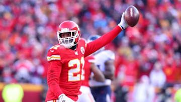 KANSAS CITY, MISSOURI - JANUARY 19: Bashaud Breeland #21 of the Kansas City Chiefs reacts after a possible interception later ruled an incomplete pass in the first quarter against the Tennessee Titans in the AFC Championship Game at Arrowhead Stadium on January 19, 2020 in Kansas City, Missouri. (Photo by Tom Pennington/Getty Images)