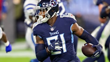 NASHVILLE, TN - NOVEMBER 12: Jonnu Smith #81 of the Tennessee Titans runs the ball during a game against the Indianapolis Colts at Nissan Stadium on November 12, 2020 in Nashville, Tennessee. The Colts defeated the Titans 34-17. (Photo by Wesley Hitt/Getty Images)