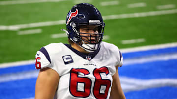 DETROIT, MI - NOVEMBER 26: Nick Martin #66 of the Houston Texans participates in warmups prior to a game against the Detroit Lions at Ford Field on November 26, 2020 in Detroit, Michigan. (Photo by Rey Del Rio/Getty Images)