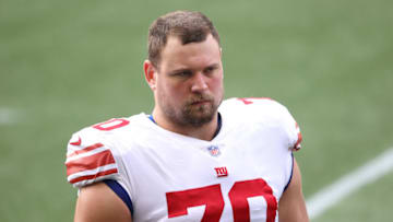 SEATTLE, WASHINGTON - DECEMBER 06: Kevin Zeitler #70 of the New York Giants looks on before their game against the Seattle Seahawks at Lumen Field on December 06, 2020 in Seattle, Washington. (Photo by Abbie Parr/Getty Images)