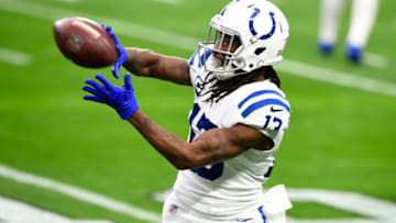 LAS VEGAS, NEVADA - DECEMBER 13: Wide receiver T.Y. Hilton #13 of the Indianapolis Colts warms up before a game against the Las Vegas Raiders at Allegiant Stadium on December 13, 2020 in Las Vegas, Nevada. (Photo by Chris Unger/Getty Images)