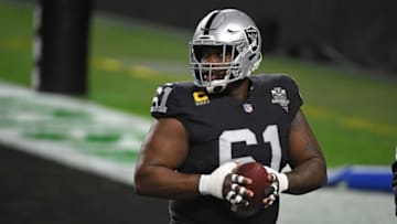 LAS VEGAS, NEVADA - DECEMBER 26: Rodney Hudson #61 of the Las Vegas Raiders participates in warmups prior to a game against the Miami Dolphins at Allegiant Stadium on December 26, 2020 in Las Vegas, Nevada. (Photo by Ethan Miller/Getty Images)