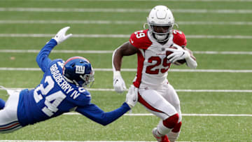 EAST RUTHERFORD, NEW JERSEY - DECEMBER 13: (NEW YORK DAILIES OUT) Chase Edmonds #29 of the Arizona Cardinals in action against James Bradberry #24 of the New York Giants at MetLife Stadium on December 13, 2020 in East Rutherford, New Jersey. The Cardinals defeated the Giants 26-7. (Photo by Jim McIsaac/Getty Images)