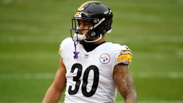 CLEVELAND, OHIO - JANUARY 03: James Conner #30 of the Pittsburgh Steelers looks on before the game against the Cleveland Browns at FirstEnergy Stadium on January 03, 2021 in Cleveland, Ohio. (Photo by Nic Antaya/Getty Images)