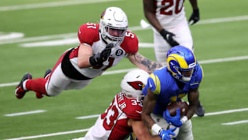 INGLEWOOD, CALIFORNIA - JANUARY 03: Tanner Vallejo #51 of the Arizona Cardinals dives to tackle Josh Reynolds #11 of the Los Angeles Rams during the first half at SoFi Stadium on January 03, 2021 in Inglewood, California. (Photo by Sean M. Haffey/Getty Images)