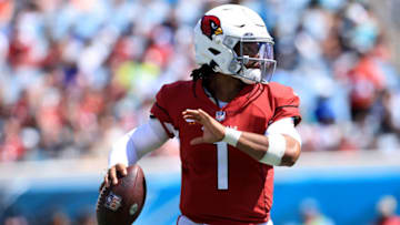JACKSONVILLE, FLORIDA - SEPTEMBER 26: Kyler Murray #1 of the Arizona Cardinals attempts a pass during the game against the Jacksonville Jaguars at TIAA Bank Field on September 26, 2021 in Jacksonville, Florida. (Photo by Sam Greenwood/Getty Images)