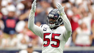 HOUSTON, TEXAS - SEPTEMBER 11: Jerry Hughes #55 of the Houston Texans reacts during the first half against the Indianapolis Colts at NRG Stadium on September 11, 2022 in Houston, Texas. (Photo by Carmen Mandato/Getty Images)