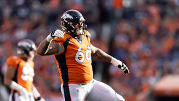 DENVER, COLORADO - NOVEMBER 28: Dalton Risner #66 of the Denver Broncos reacts against the Los Angeles Chargers during the first half of an NFL football game at Empower Field on November 28, 2021 in Denver, Colorado. (Photo by Michael Owens/Getty Images)