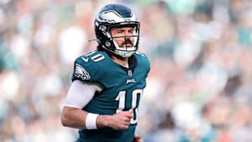 PHILADELPHIA, PENNSYLVANIA - JANUARY 01: Gardner Minshew #10 of the Philadelphia Eagles jogs off the field after the first half against the New Orleans Saints at Lincoln Financial Field on January 01, 2023 in Philadelphia, Pennsylvania. (Photo by Dustin Satloff/Getty Images)