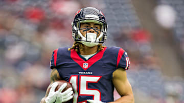 HOUSTON, TX - AUGUST 28: Will Fuller V #15 of the Houston Texans warms up before a preseason game against the Arizona Cardinals at NRG Stadium on August 28, 2016 in Houston, Texas. The Texans defeated the Cardinals 34-24. (Photo by Wesley Hitt/Getty Images)