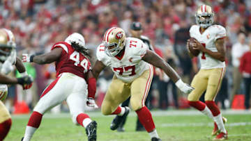 GLENDALE, AZ - NOVEMBER 13: Trent Brown #77 of the San Francisco 49ers blocks during the game against the Arizona Cardinals at the University of Phoenix Stadium on November 13, 2016 in Glendale, Arizona. The Cardinals defeated the 49ers 23-20. (Photo by Michael Zagaris/San Francisco 49ers/Getty Images)