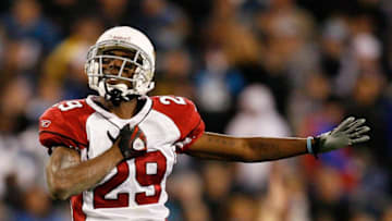 CHARLOTTE, NC - JANUARY 10: Dominique Rodgers-Cromartie #29 of the Carolina Panthers reacts during the game against the Arizona Cardinals during the NFC Divisional Playoff Game on January 10, 2009 at Bank of America Stadium in Charlotte, North Carolina. (Photo by Kevin C. Cox/Getty Images)