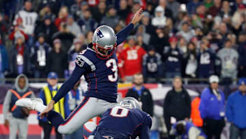 FOXBOROUGH, MA - OCTOBER 14: Stephen Gostkowski #3 of the New England Patriots kicks a game winning field goal against the Kansas City Chiefs in the fourth quarter at Gillette Stadium on October 14, 2018 in Foxborough, Massachusetts. (Photo by Jim Rogash/Getty Images)