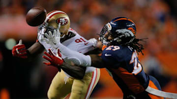 DENVER, CO - OCTOBER 19: Wide receiver Anquan Boldin #81 of the San Francisco 49ers has a pass broken up by cornerback Bradley Roby #29 of the Denver Broncos, who was called for pass interference on the play, during a game at Sports Authority Field at Mile High on October 19, 2014 in Denver, Colorado. (Photo by Doug Pensinger/Getty Images)