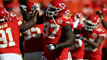 KANSAS CITY, MO - OCTOBER 28: Defensive end Allen Bailey #97 of the Kansas City Chiefs warms up prior to the game against the Denver Broncos at Arrowhead Stadium on October 28, 2018 in Kansas City, Missouri. (Photo by Jamie Squire/Getty Images)