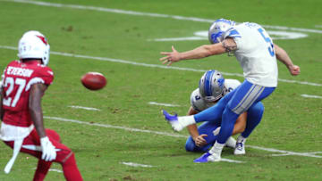 Sep 27, 2020; Glendale, Arizona, USA; Detroit Lions kicker Matt Prater (5) kicks the game winning field goal against the Arizona Cardinals in the last seconds of the 4th quarter at State Farm Stadium. Mandatory Credit: Billy Hardiman-USA TODAY Sports