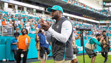 Miami Dolphins head coach Brian Flores, walks off the field after defeating the New York Jets during NFL game at Hard Rock Stadium Sunday in Miami Gardens.New York Jet V Miami Dolphins 58