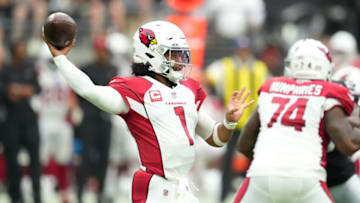Sep 18, 2022; Paradise, Nevada, USA; Arizona Cardinals quarterback Kyler Murray (1) looks to make a pass against the Las Vegas Raiders at Allegiant Stadium. Mandatory Credit: Stephen R. Sylvanie-USA TODAY Sports