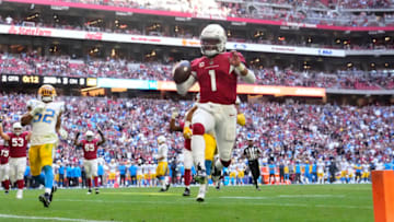 Nov 27, 2022; Glendale, AZ, USA; Arizona Cardinals quarterback Kyler Murray (1) runs for a touchdown against the Los Angeles Chargers during the second quarter at State Farm Stadium. Mandatory Credit: Michael Chow-USA TODAY Sports