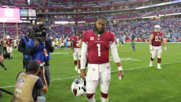 Nov 27, 2022; Glendale, AZ, USA; Arizona Cardinals quarterback Kyler Murray (1) walks off the field after losing 25-24 against the Los Angeles Chargers at State Farm Stadium. Mandatory Credit: Michael Chow-USA TODAY Sports