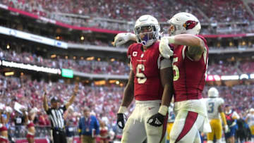 Nov 27, 2022; Glendale, AZ, USA; Arizona Cardinals running back James Conner (6) celebrates his touchdown with teammate Trey McBride (85) against the Los Angeles Chargers at State Farm Stadium.Nfl Arizona Cardinals Vs Los Angeles Chargers Los Angeles Chargers At Arizona Cardinals