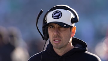 Jan 1, 2023; Philadelphia, Pennsylvania, USA; Philadelphia Eagles offensive coordinator Shane Steichen looks on during the first quarter against the New Orleans Saints at Lincoln Financial Field. Mandatory Credit: Bill Streicher-USA TODAY Sports