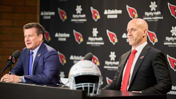 Arizona Cardinals' new general manager Monti Ossenfort (right), and team owner Michael Bidwill during a news conference at Dignity Health Arizona Cardinals Training Center in Tempe, on Tuesday, Jan. 17, 2023.Nfl Cardinals New General Manager
