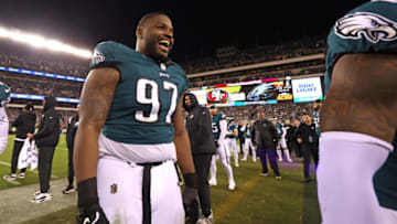 Jan 29, 2023; Philadelphia, Pennsylvania, USA; Philadelphia Eagles defensive tackle Javon Hargrave (97) on the field after win against the San Francisco 49ers in the NFC Championship game at Lincoln Financial Field. Mandatory Credit: Bill Streicher-USA TODAY Sports