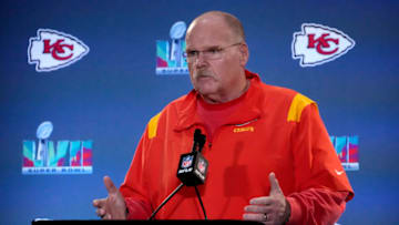 Feb 8, 2023; Scottsdale, AZ, USA; Kansas City Chiefs head coach Andy Reid address the media during team availability at Hyatt Regency at Gainey Ranch. Mandatory Credit: Cheryl Evans-USA TODAY Sports
