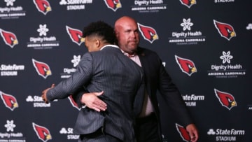 Cardinals General Manager Steve Keim hugs first-round pick Kyler Murray during a news conference on April 26.Kyler Murray