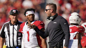 November 17, 2019; Santa Clara, CA, USA; Arizona Cardinals head coach Kliff Kingsbury (right) instructs quarterback Kyler Murray (1) during the first quarter against the San Francisco 49ers at Levi's Stadium. Mandatory Credit: Kyle Terada-USA TODAY Sports