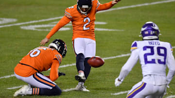 Nov 16, 2020; Chicago, Illinois, USA; Chicago Bears kicker Cairo Santos (2) kicks a field goal in the first half against the Minnesota Vikings at Soldier Field. Mandatory Credit: Quinn Harris-USA TODAY Sports