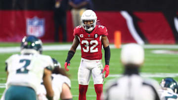 Dec 20, 2020; Glendale, Arizona, USA; Arizona Cardinals safety Budda Baker (32) against the Philadelphia Eagles at State Farm Stadium. Mandatory Credit: Mark J. Rebilas-USA TODAY Sports