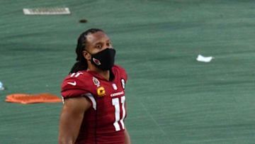 Dec 26, 2020; Glendale, Arizona, USA; Arizona Cardinals wide receiver Larry Fitzgerald (11) looks on against the San Francisco 49ers during the second half at State Farm Stadium. Mandatory Credit: Joe Camporeale-USA TODAY Sports