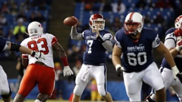 Jan 23, 2016; St. Petersburg, FL, USA; West Team quarterback Nate Sudfeld (7) throws the ball during the second half of the East-West Shrine Game at Tropicana Field. West Team beat the East Team 29-9. Mandatory Credit: Kim Klement-USA TODAY Sports