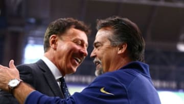 Nov 9, 2014; Glendale, AZ, USA; St. Louis Rams head coach Jeff Fisher (right) talks with Rams owner Stan Kroenke on the sidelines prior to the game against the Arizona Cardinals at University of Phoenix Stadium. The Cardinals defeated the Rams 31-14. Mandatory Credit: Mark J. Rebilas-USA TODAY Sports