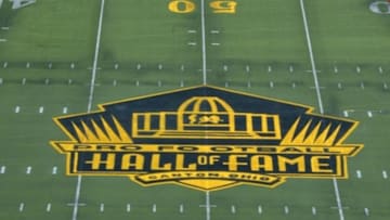 Aug 9, 2015; Canton, OH, USA; Pro Football Hall of Fame golden logo at midfield to commemorate Super Bowl 50 at Tom Benson Hall of Fame Stadium. Mandatory Credit: Kirby Lee-USA TODAY Sports