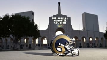 Feb 25, 2016; Los Angeles, CA, USA; General view of Los Angeles Rams helmet at the peristyle end of the Los Angeles Memorial Coliseum. The Coliseum will serve as the home of the Los Angeles Rams for the 2016 season after NFL owners voted 30-2 to allow Rams owner Stan Kroenke (not pictured) to relocate the franchise from St. Louis. Mandatory Credit: Kirby Lee-USA TODAY Sports