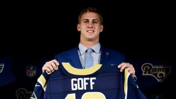 Apr 29, 2016; Los Angeles, CA, USA; Los Angeles Rams quarterback Jared Goff poses with No. 16 Rams jersey at press conference at Courtyard L.A. Live to introduce Goff as the No. 1 pick in the 2016 NFL Draft. Mandatory Credit: Kirby Lee-USA TODAY Sports